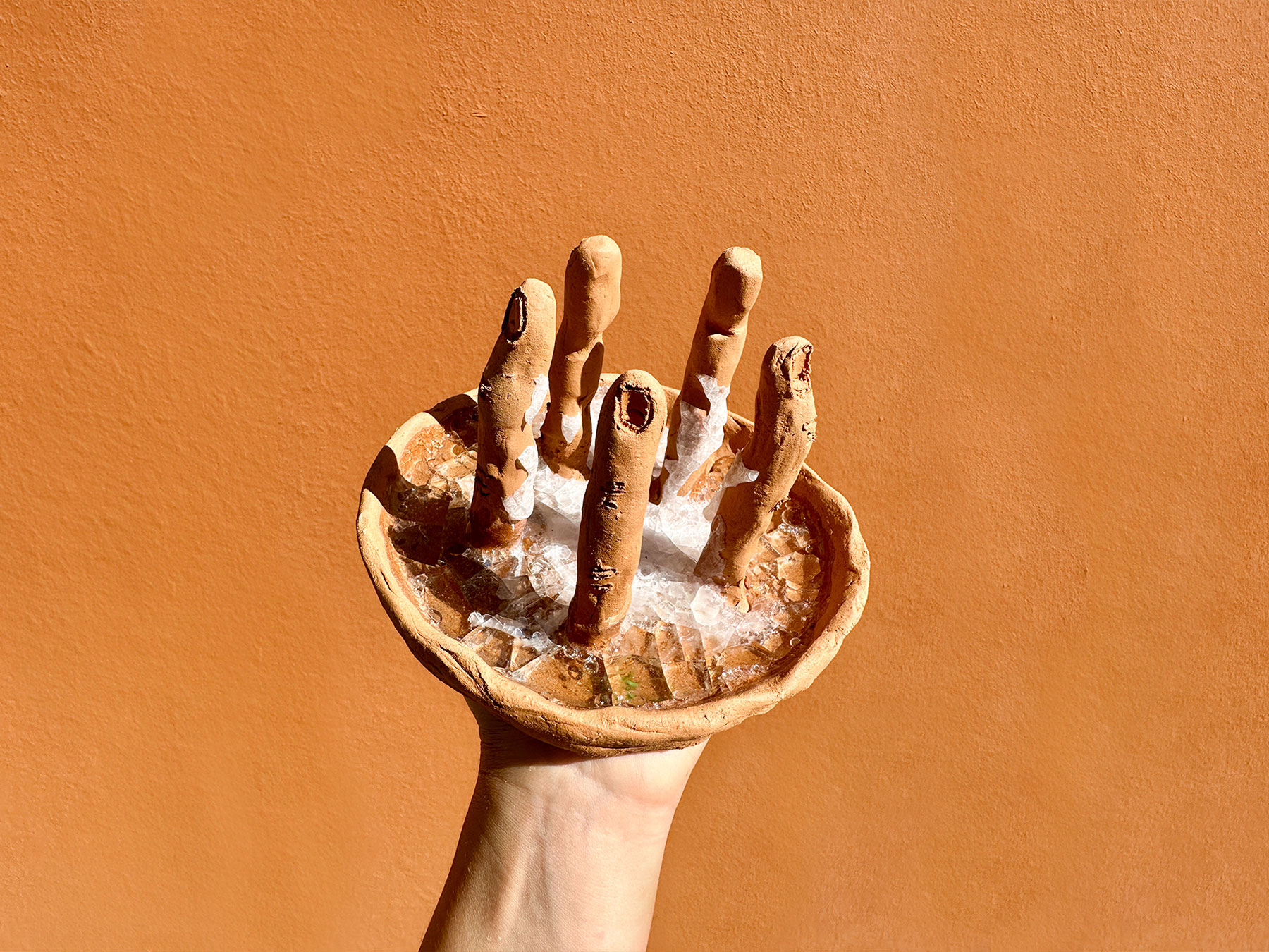 Lulu & Whiskey art ceramic sculpture 'glass hand', 2024