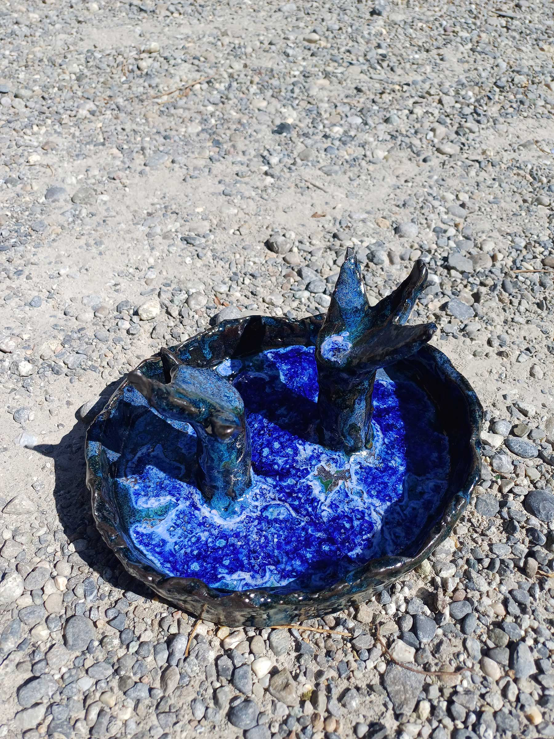 Lulu & Whiskey art ceramic sculpture with melted glass, 2024